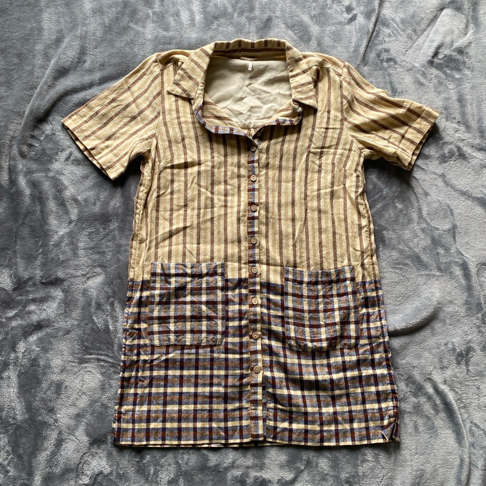 Free People Button down Beige and Brown flannel Striped dress S